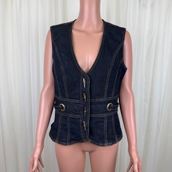 Women's Y2K Bisou Bisou Denim Jean V-Neck Vest Size Large Blue - Picture 9 of 9